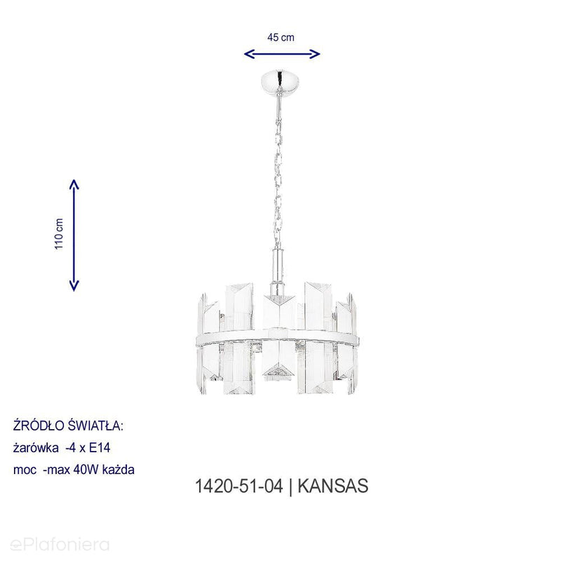 Luksusowy , kryształowy żyrandol - lampa wisząca chrom 4xE14, Lucea 1420-51-04 KANSAS - ePlafoniera