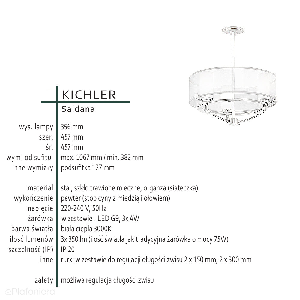 Luksusowy żyrandol 46cm (pewter, organza) do sypialni salonu jadalni (G9 3x4W) Kichler (Saldana)
