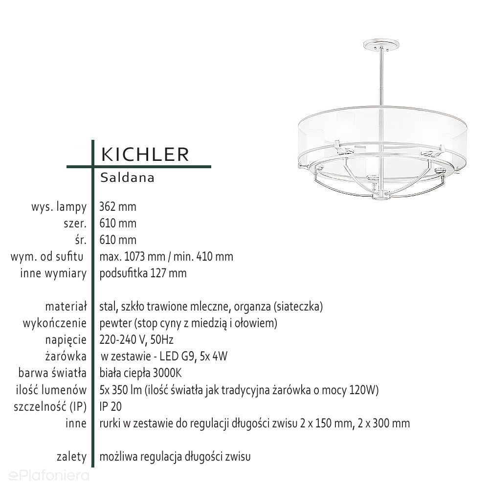 Luksusowy żyrandol 60cm (pewter, organza) do sypialni salonu jadalni (G9 5x4W) Kichler (Saldana)