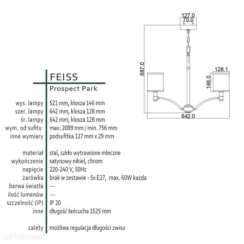 Luksusowy żyrandol w stylu nowojorskim Prospect (5 kloszy / szkło, chrom, nikiel) - Feiss (5xE27)