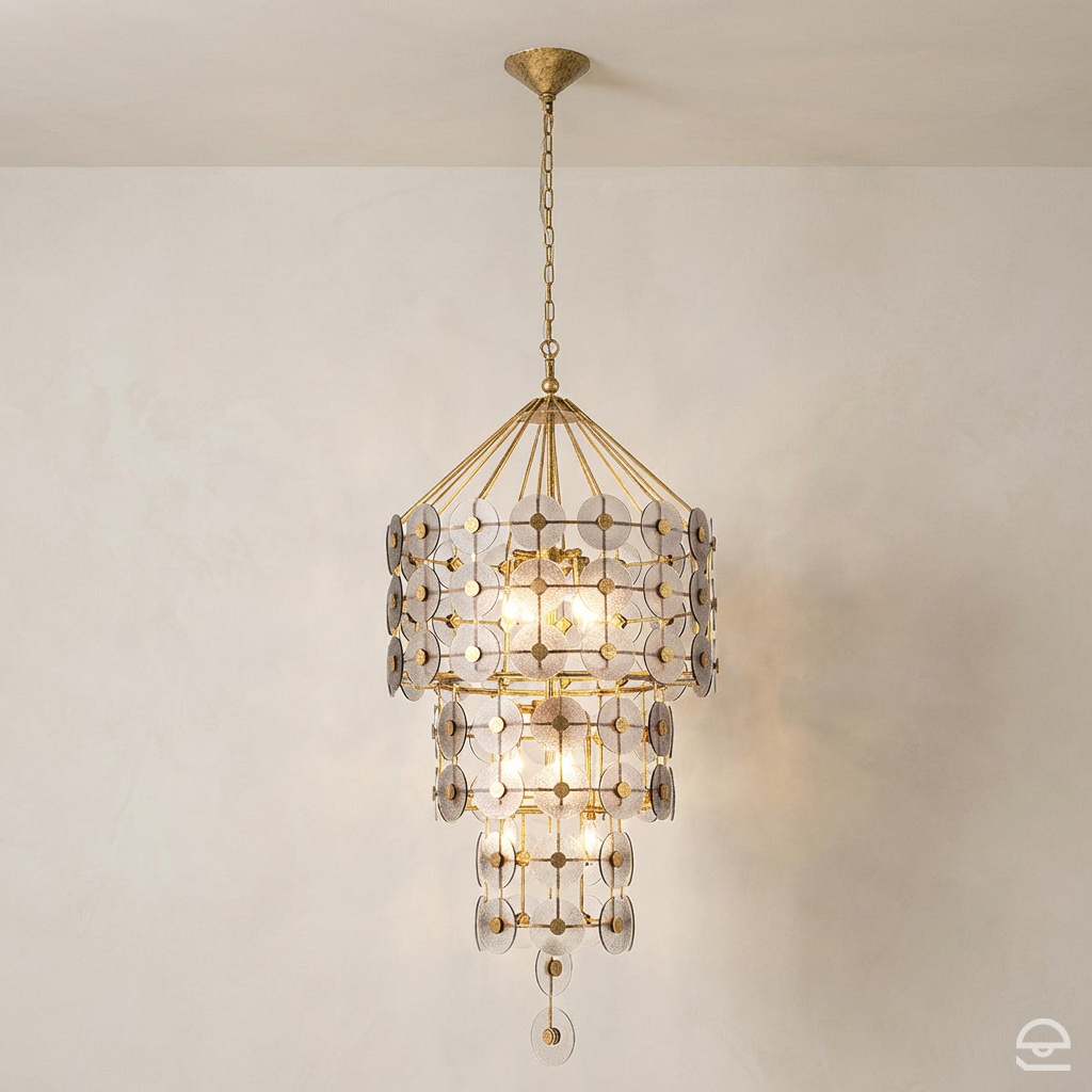 Meridian – kaskadowy żyrandol z dyskami, przecierane złoto