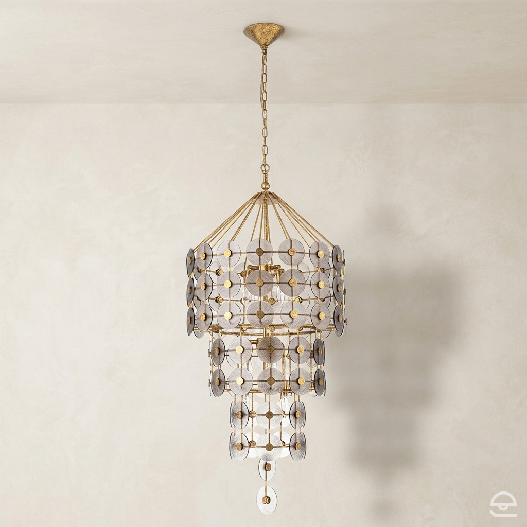 Meridian – kaskadowy żyrandol z dyskami, przecierane złoto