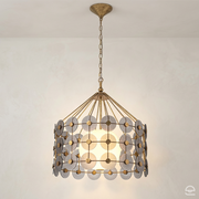 Meridian – lampa wisząca z kurtyną szklanych dysków, przecierane złoto