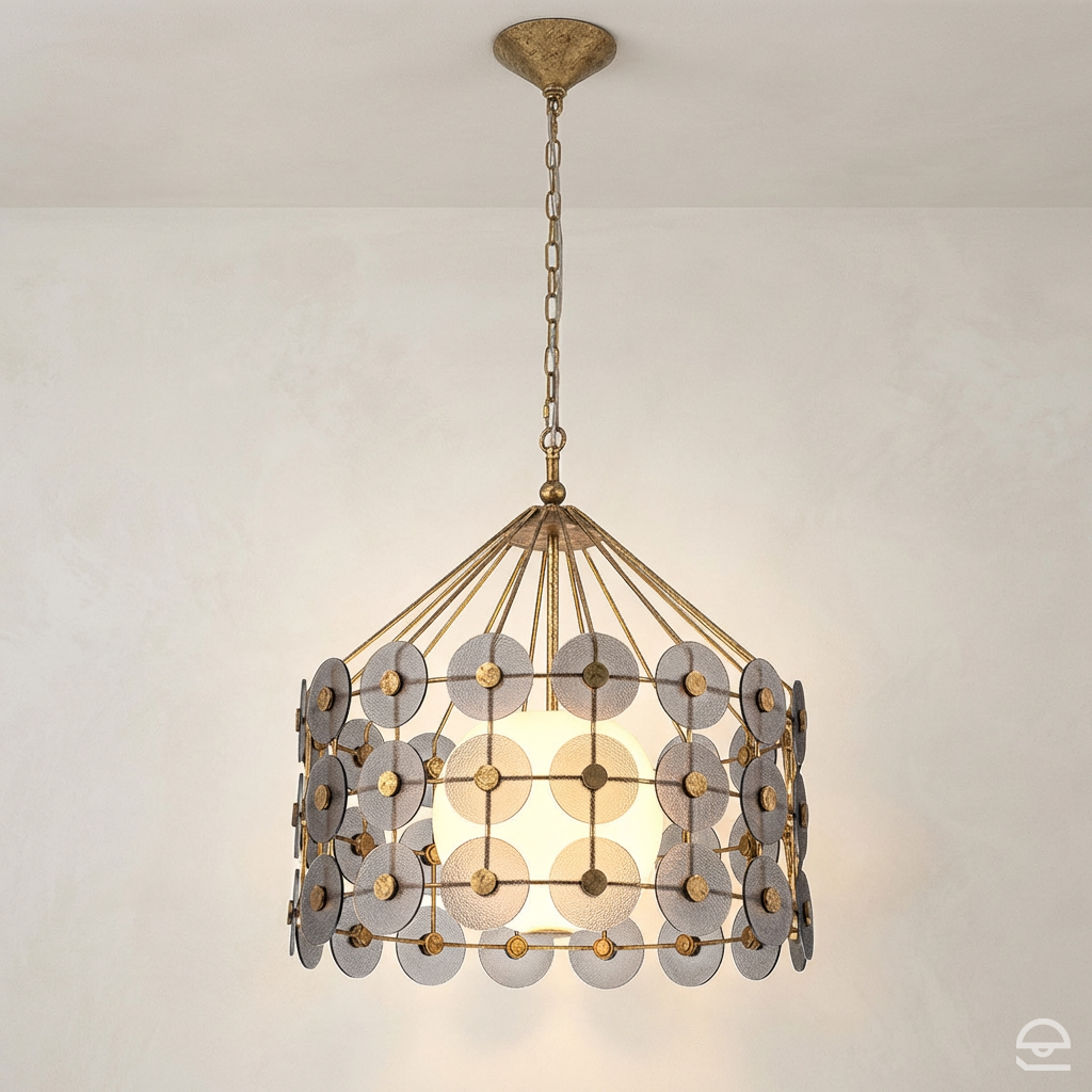 Meridian – lampa wisząca z kurtyną szklanych dysków, przecierane złoto