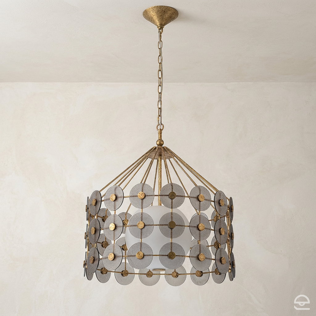 Meridian – lampa wisząca z kurtyną szklanych dysków, przecierane złoto