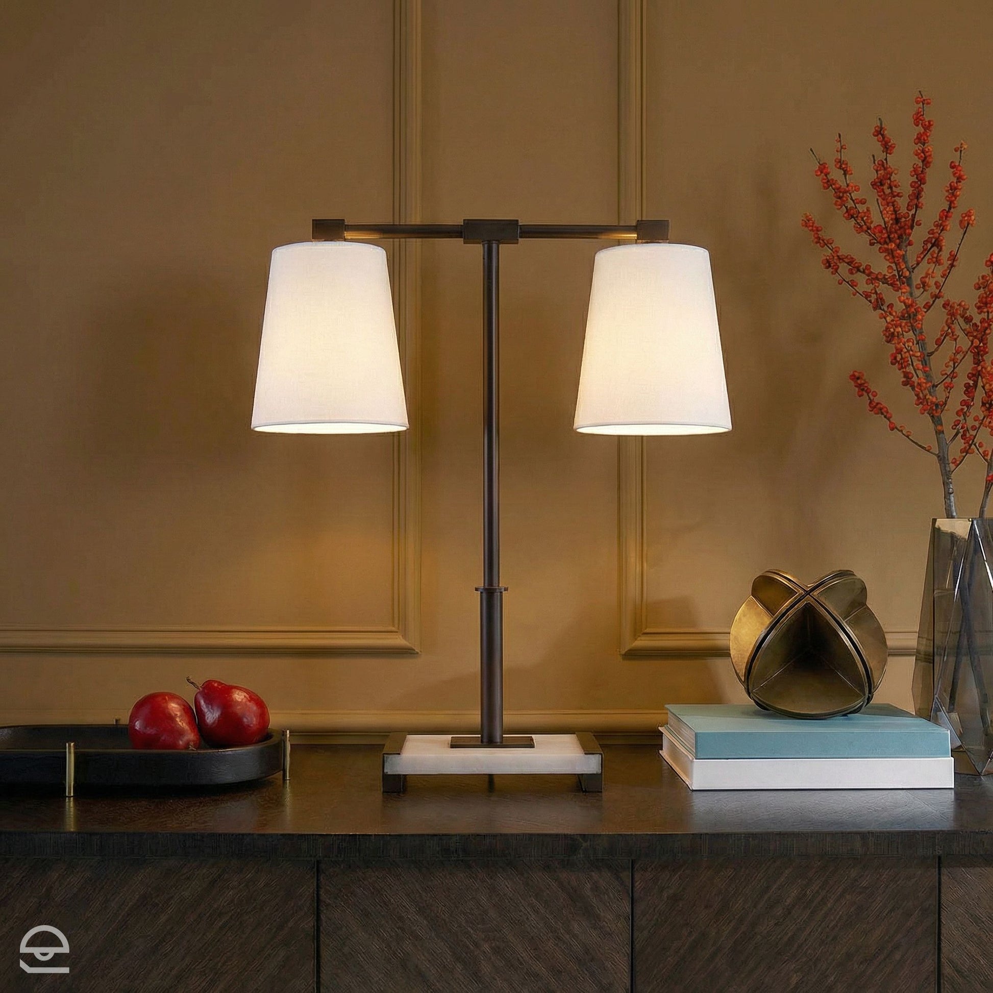 Messina – lampa stołowa z lnianymi kloszami, brąz i alabaster