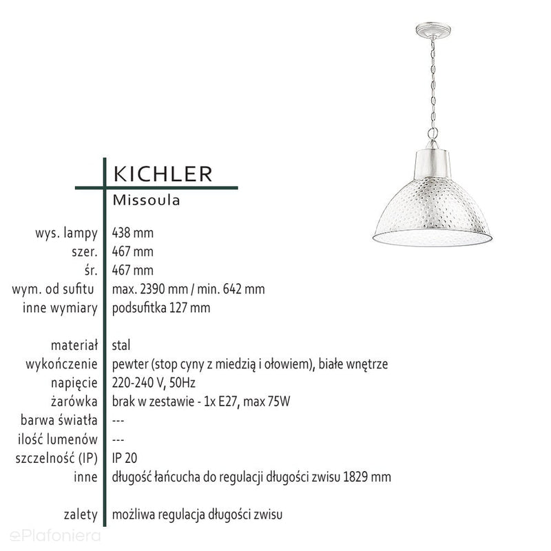 Metalowa industrialna - loftowa lampa 47cm do kuchni salonu sypialni (1xE27) Kichler (Missoula)