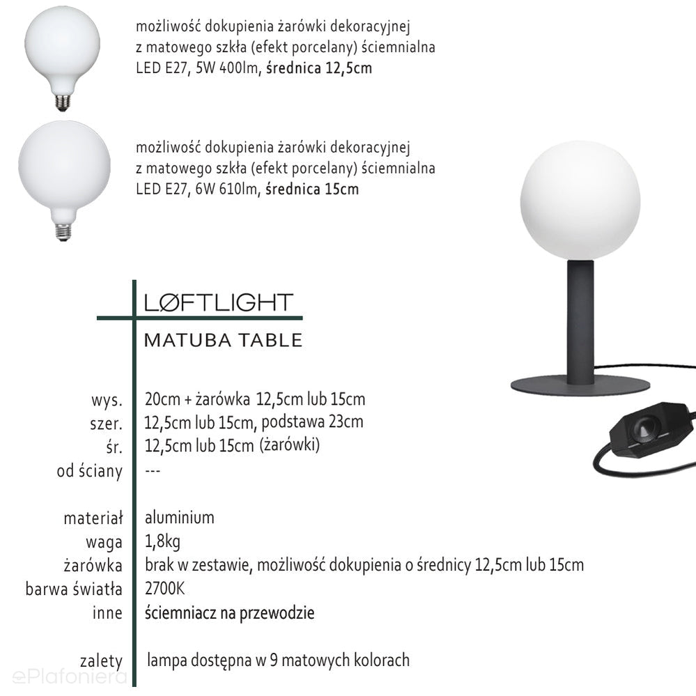 Metalowa lampa matowa stojąca - stołowa nowoczesna do salonu sypialni (Matuba Table) Loftlight