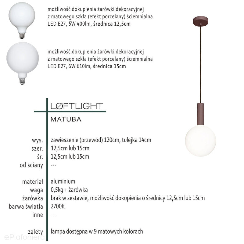 Metalowa lampa matowa wisząca - nowoczesna do salonu sypialni łazienki (Matuba) Loftlight