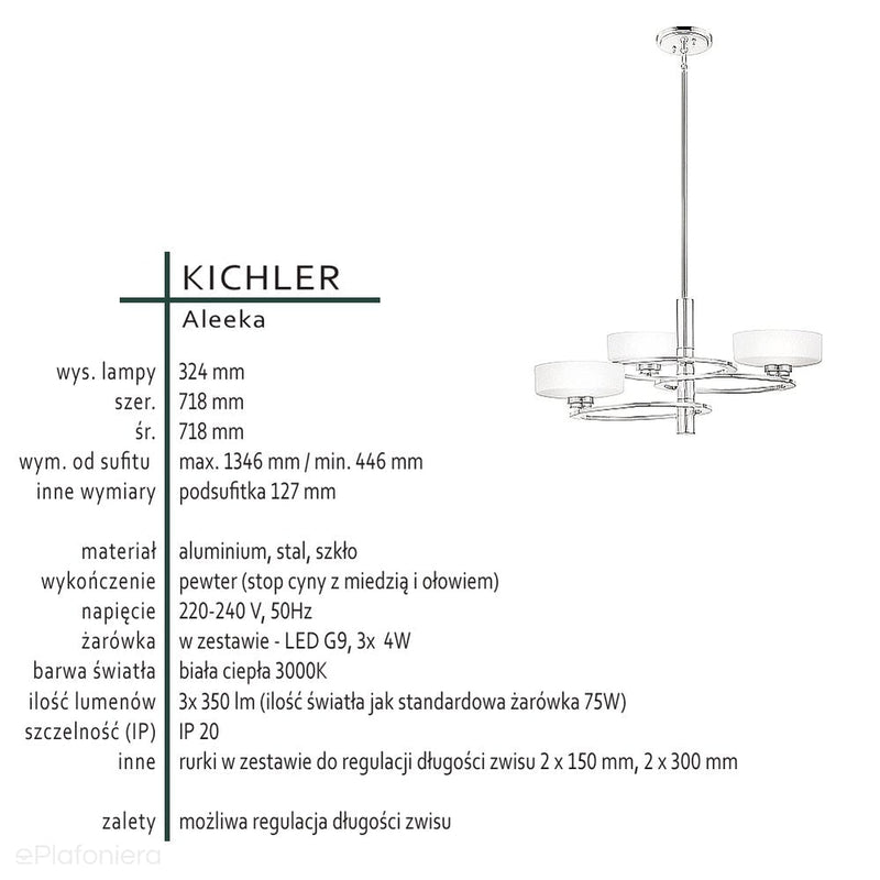 Metalowa lampa - szklane klosze (71cm) wisząca do salonu kuchni sypialni (G9 3x4W) Kichler (Aleeka)