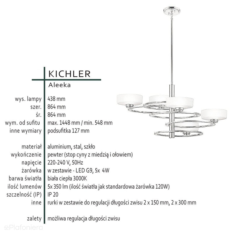 Metalowa lampa - szklane klosze (86cm) wisząca do salonu kuchni sypialni (G9 5x4W) Kichler (Aleeka)