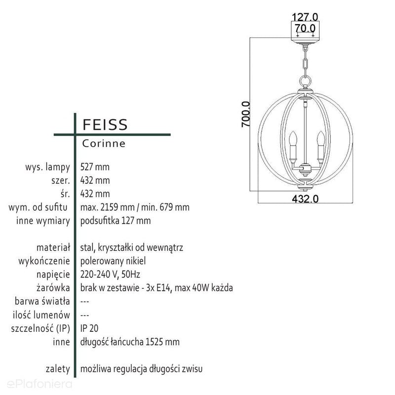 Metalowa lampa wisząca 43cm (ażurowa kula - nikiel) do kuchni salonu sypialni (3xE14) Feiss (Corinne)