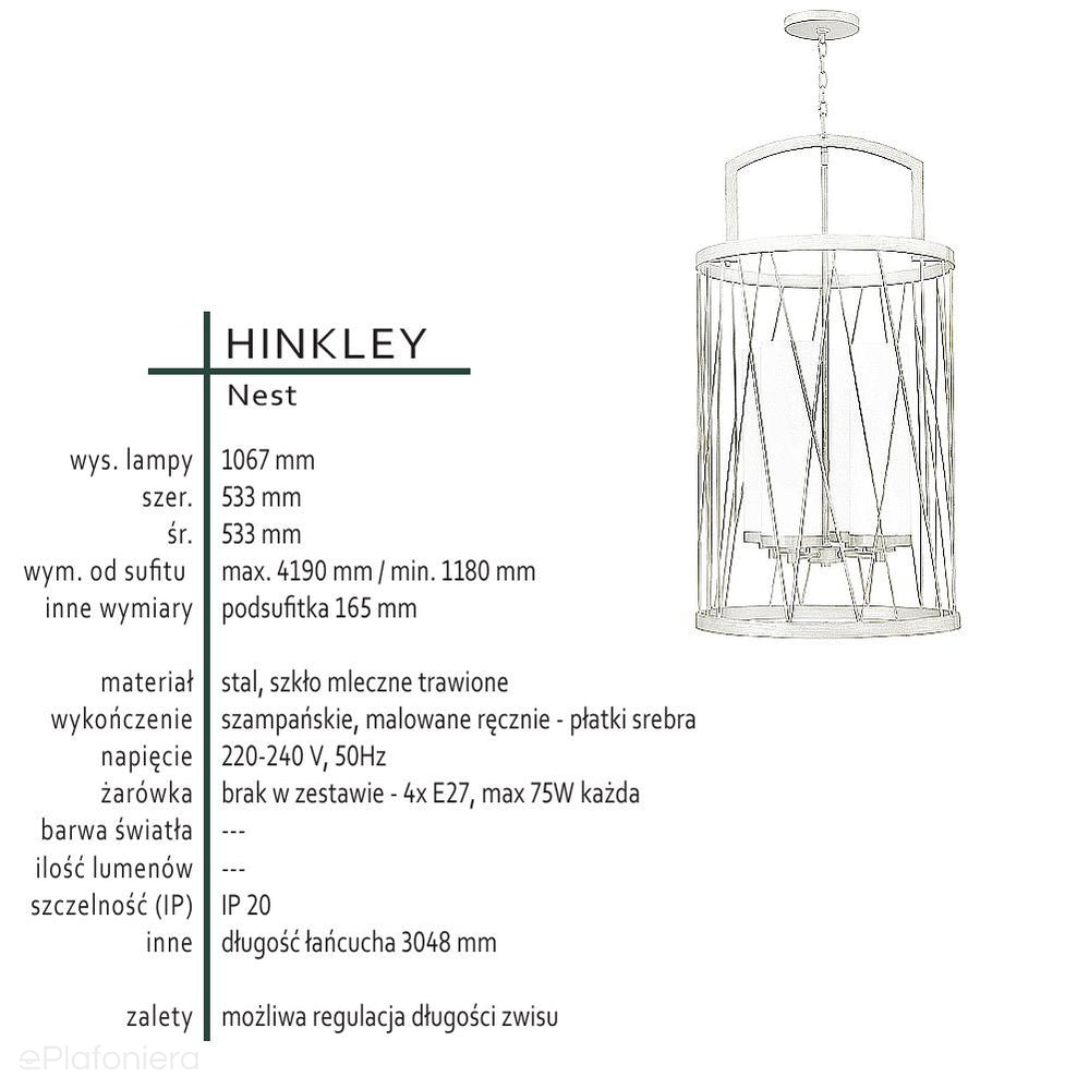 Metalowa lampa wisząca Nest z płatkami srebra - Hinkley, lampa do salonu / kuchni / sypialni (4xE27, 53 cm)