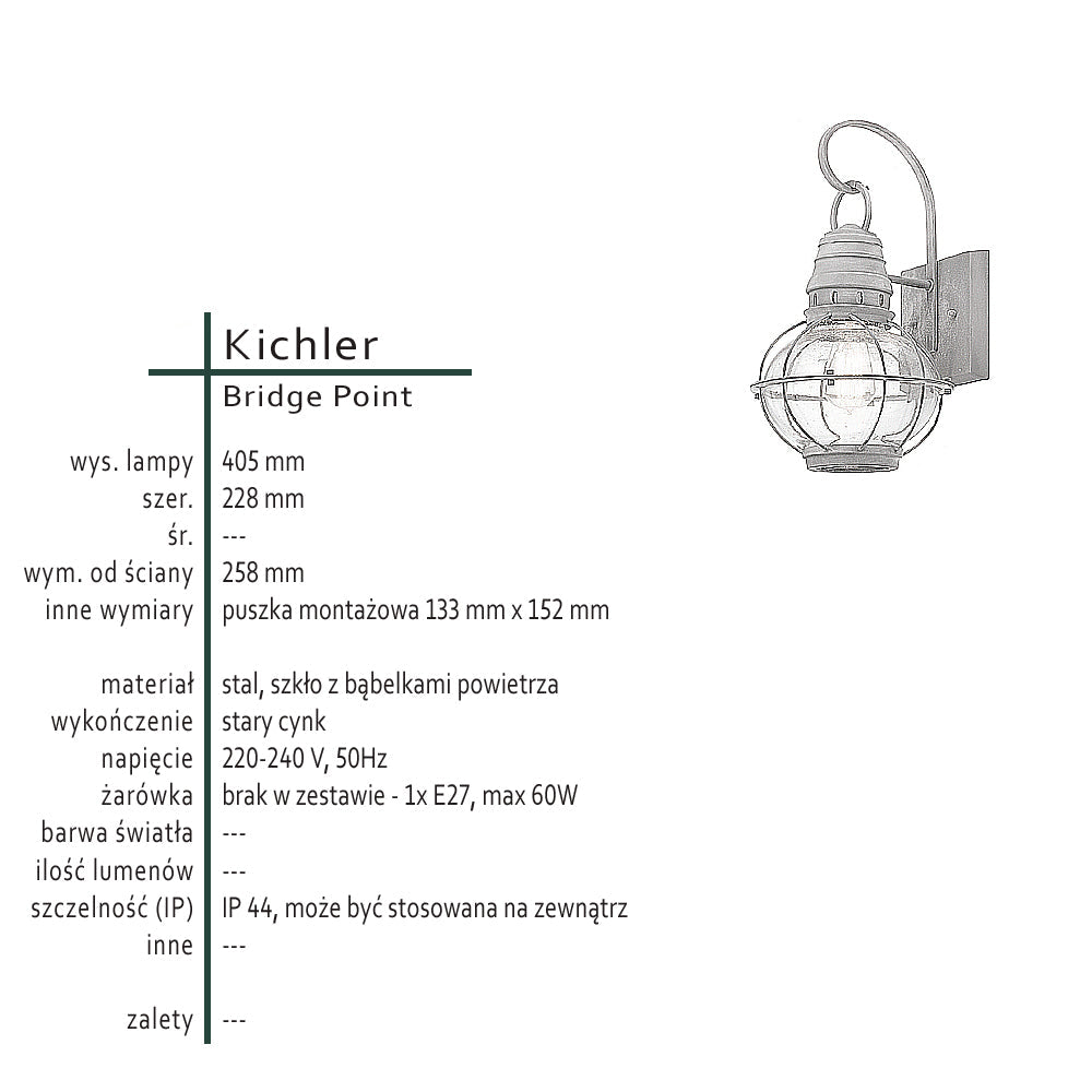 Metalowa latarnia, lampa loftowa Bridge Point M - Kichler, lampa ścienna, kinkiet 1xE27