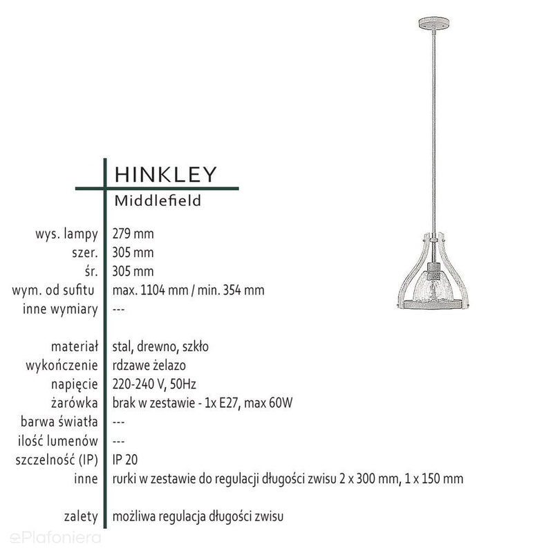 Middlefield - drewniana, loftowa lampa wisząca - Hinkley