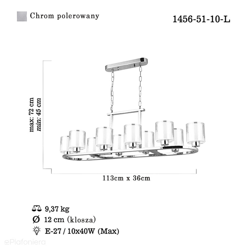 Modny żyrandol do pokoju nad stół do salonu (113x36cm, chrom - szkło) Lucea 1456-51-10 VODA