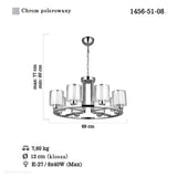 Modny żyrandol do pokoju nad stół do salonu (69cm, chrom - szkło) Lucea 1456-51-08 VODA