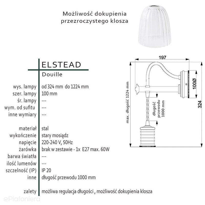 Mosiężna lampa ścienna - wisząca żarówka Douille - Elstead, kinkiet do sypialni / salonu (1xE27)