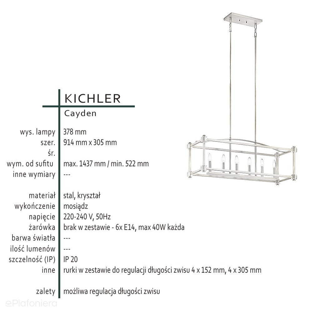 Mosiężna lampa wisząca Cayden - klatka 90x30cm do salonu / kuchni / sypialni - Kichler (6xE14)