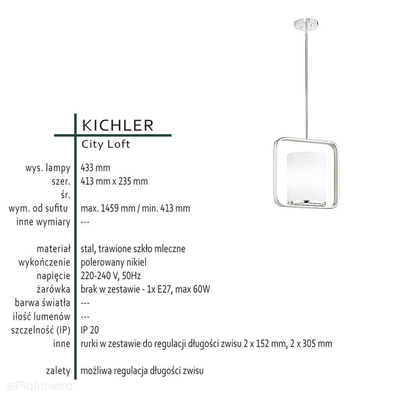 Nikiel, szkło 23x41cm, nowoczesna lampa wisząca do salonu sypialni kuchni (1xE27) Kichler (City Loft)