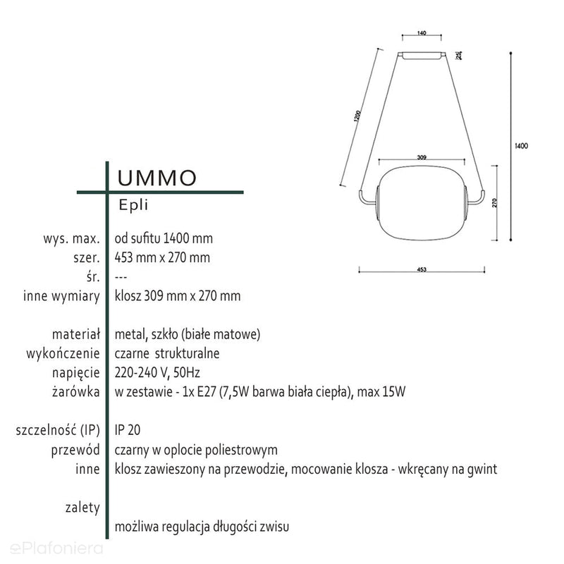 Nowoczesna lampa pozioma Epli - wiszący biały klosz Ummo