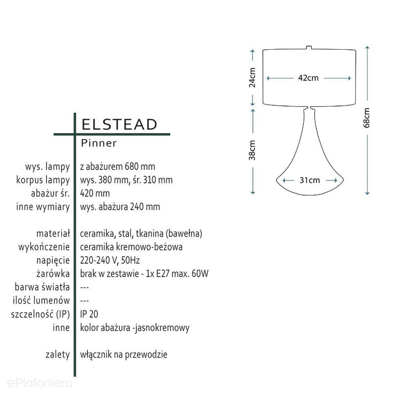 Nowoczesna lampa stołowa Pinner do salonu i sypialni (beżowa, kremowa ceramika) - Elstead, 68cm (1xE27)