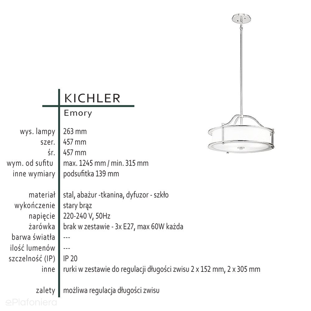 Nowoczesna lampa wisząca 46cm (stary brąz - szkło) do kuchni jadalni salonu (3xE27) Kichler (Emory)