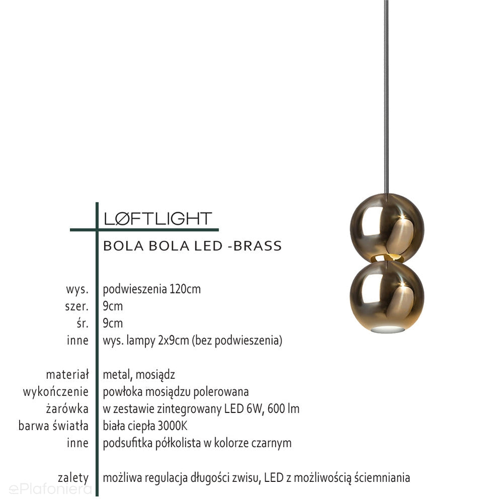 Nowoczesna lampa wisząca chrom/mosiądz x2, do salonu sypialni Bola Bola LED Loftlight