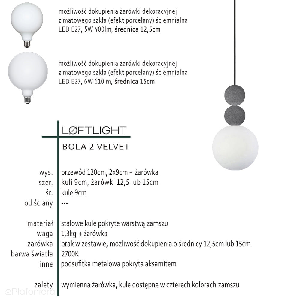 Nowoczesna lampa wisząca do salonu - dwie kule - stal, zamsz (1xE27) (Bola 2 Velvet) Loftlight