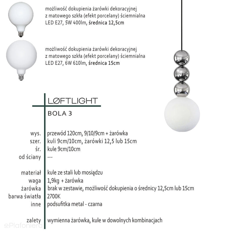 Nowoczesna lampa wisząca do salonu - trzy kule - stal, mosiądz (1xE27) (Bola 3) Loftlight