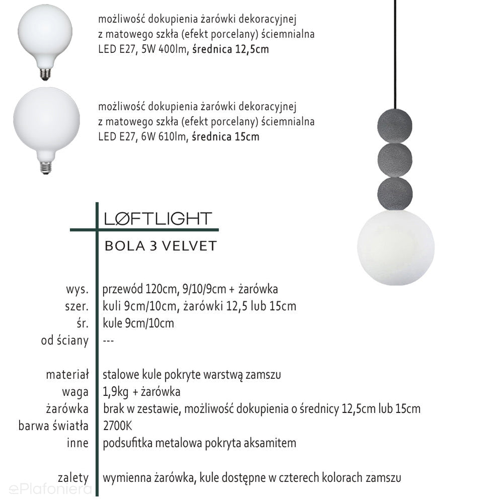 Nowoczesna lampa wisząca do salonu - trzy kule - stal, zamsz (1xE27) (Bola 3 Velvet) Loftlight