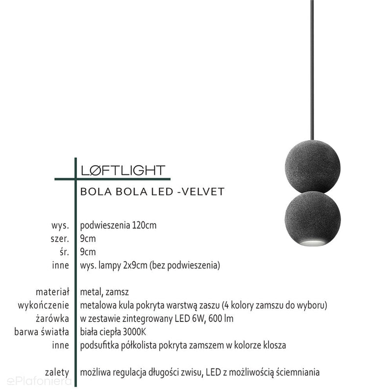 Nowoczesna lampa wisząca (Velvet 2), do salonu sypialni Bola Bola LED Loftlight