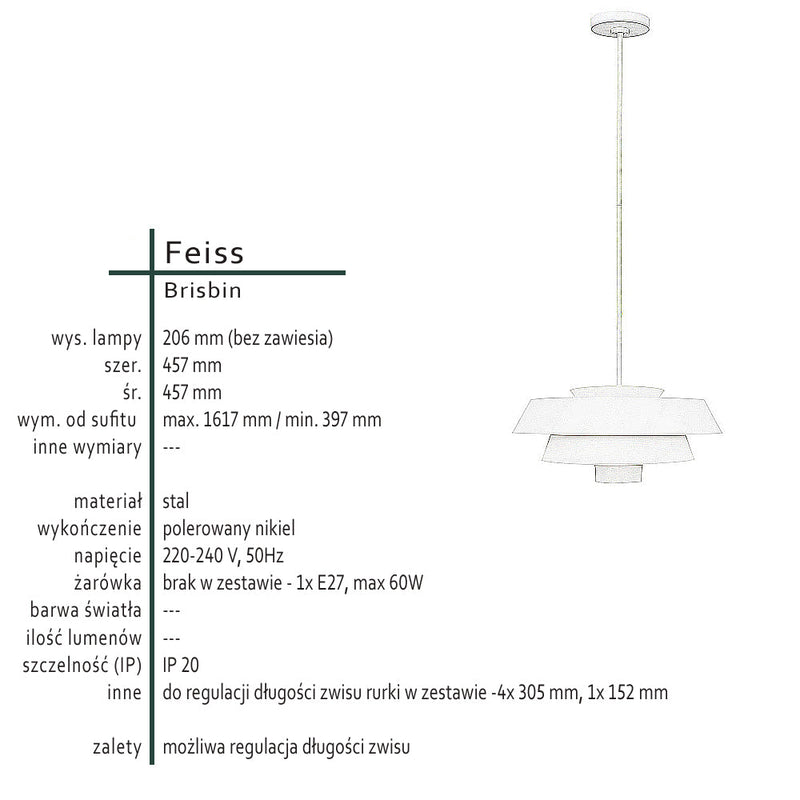 Nowoczesna metalowa lampa nad stół do salonu sypialni (nikiel) 1xE27, Feiss (Brisbin)