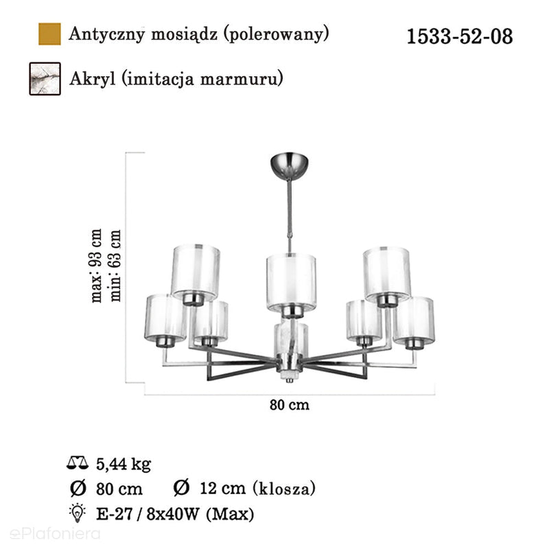 Nowoczesny szklany żyrandol nad stół (80cm) do salonu, Lucea 1533-52-08 DAVON