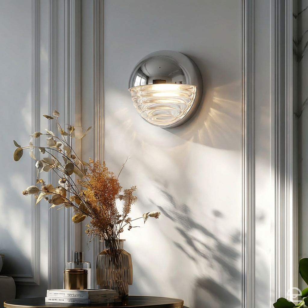 Palais – srebrny kinkiet LED z ryflowanym szkłem, polerowany nikiel