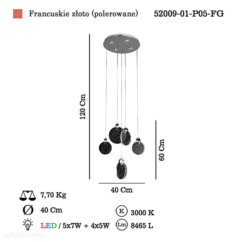 Piękna, szklana lampa - złota wisząca do salonu (5 kloszy LED) Lucea 52009-01-P05-FG OTINA