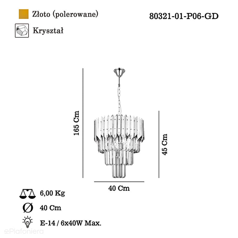 Piękny kryształowy żyrandol do salonu (40cm, złoty) Lucea  80321-01-P06-GD SESTINO