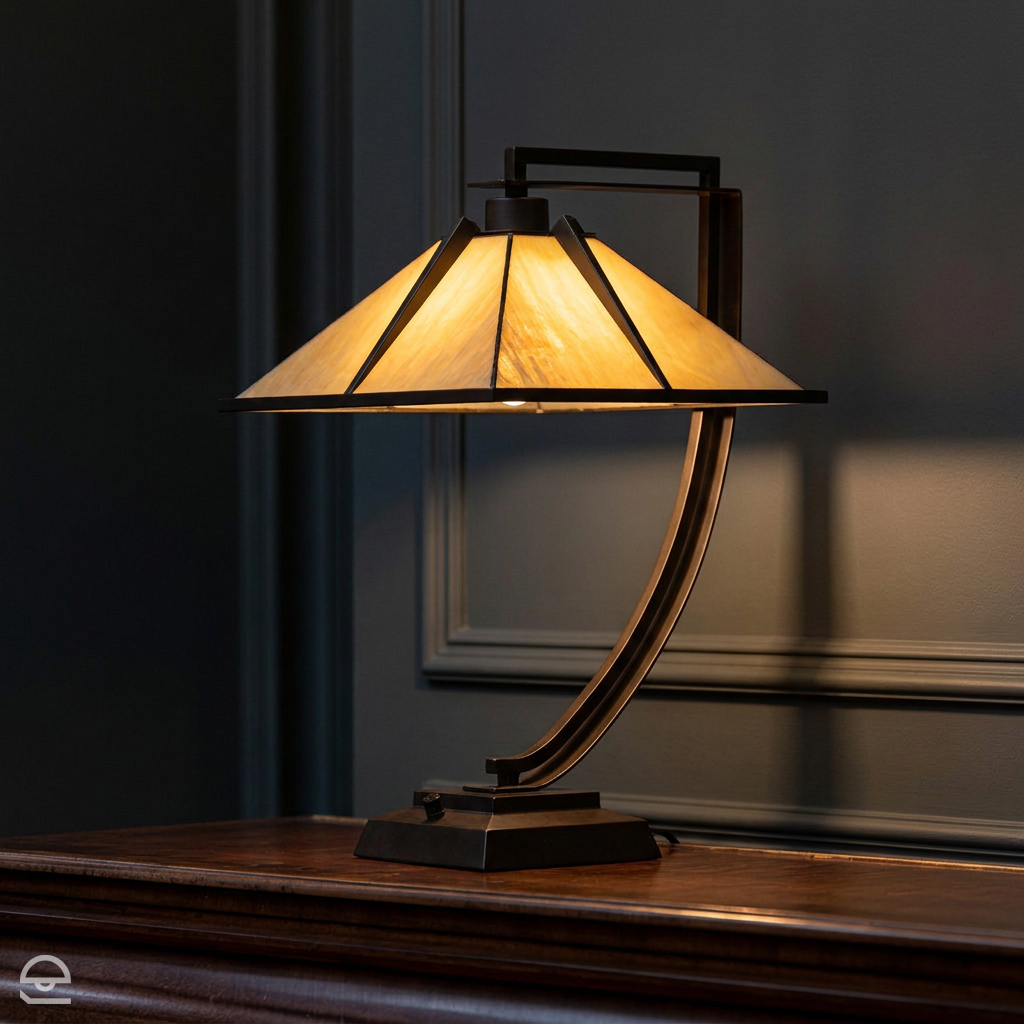 Pomeroy – witrażowa lampa stołowa na łukowym wysięgniku, western brąz