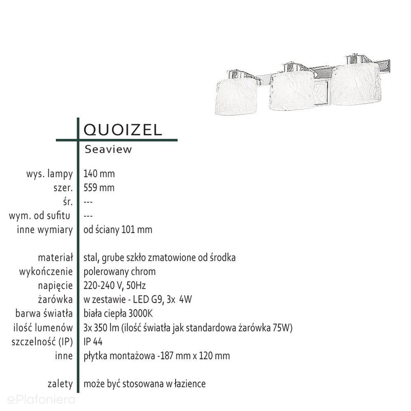 Potrójna lampa ścienna Seaview do łazienki / kinkiet nad lustro - Quoizel (grube szkło, polerowany chrom / G9 3x4W)