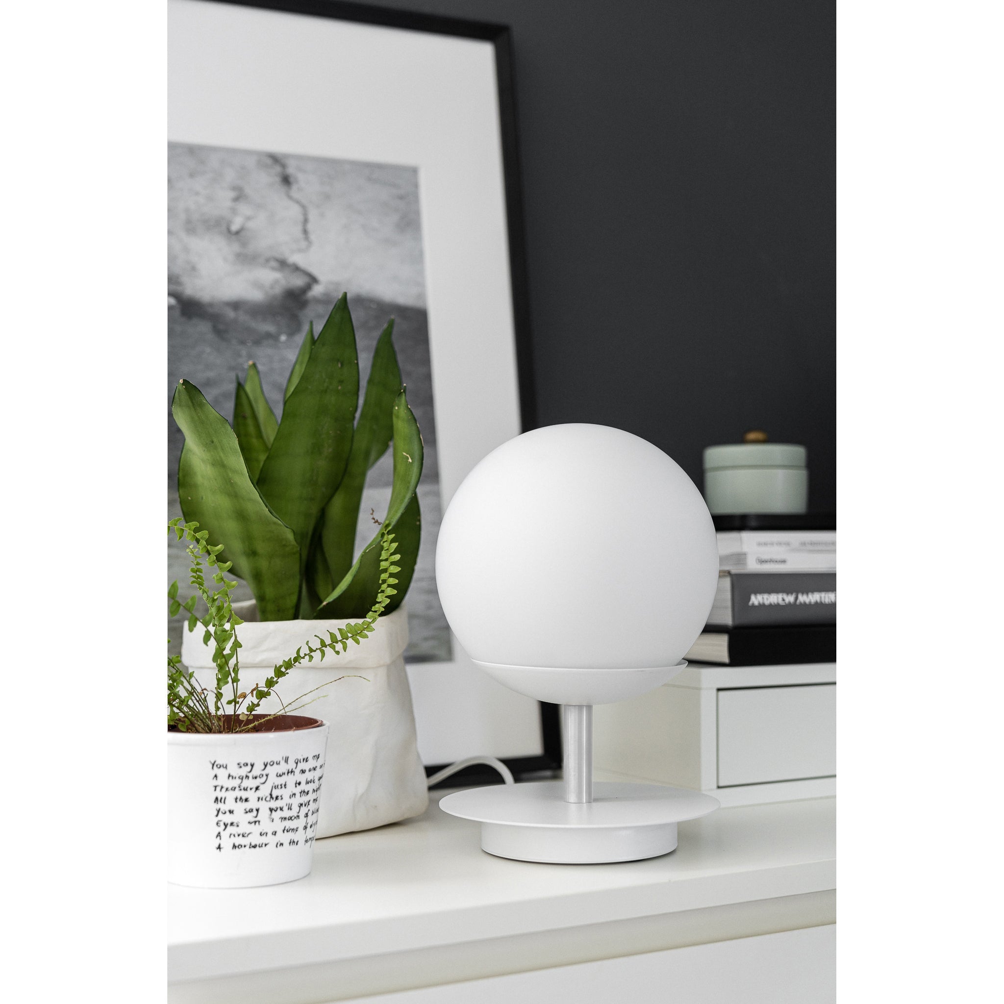 Premium lampa biurkowa Plaat ST - biała kula, lampa stołowa do salonu i biura Ummo
