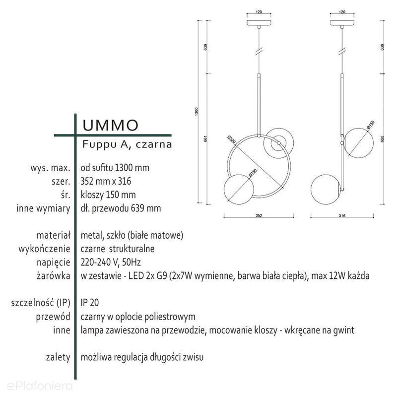 Premium, minimalistyczna lampa wisząca z czarnym wykończeniem - Fuppu A, Ummo