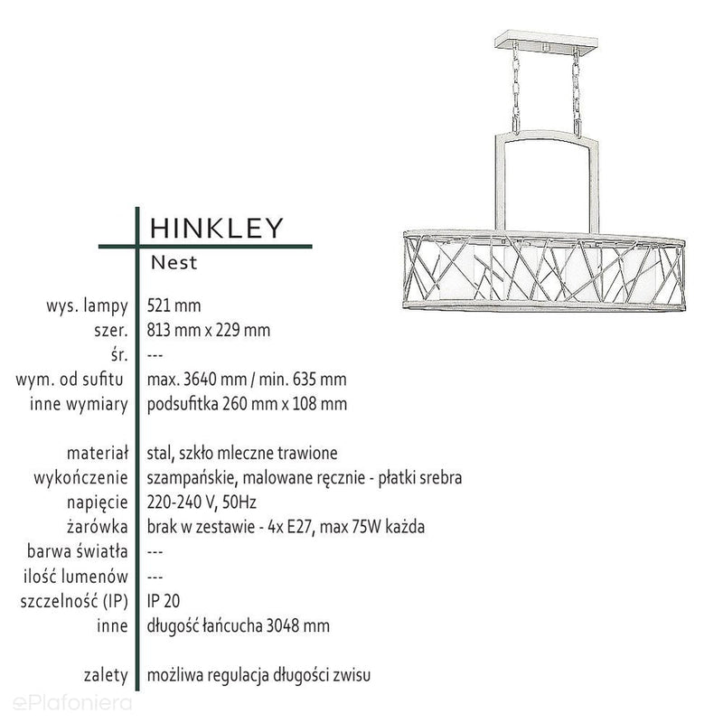 Premium żyrandol Nest do salonu / jadalni z płatkami srebra - Hinkley (81x23cm / 4xE27)