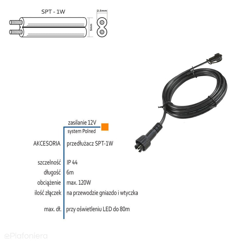 Przedłużacz 6m SPT-1W (IP 44) - AKCESORIA systemu 12V LED Polned (6005011)