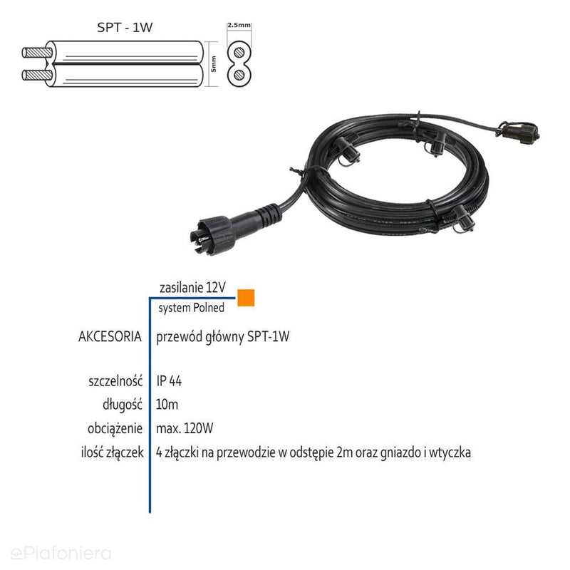 Przewód główny 10m SPT-1W z 4 złączkami (IP 44) - AKCESORIA systemu 12V LED Polned (6007011)