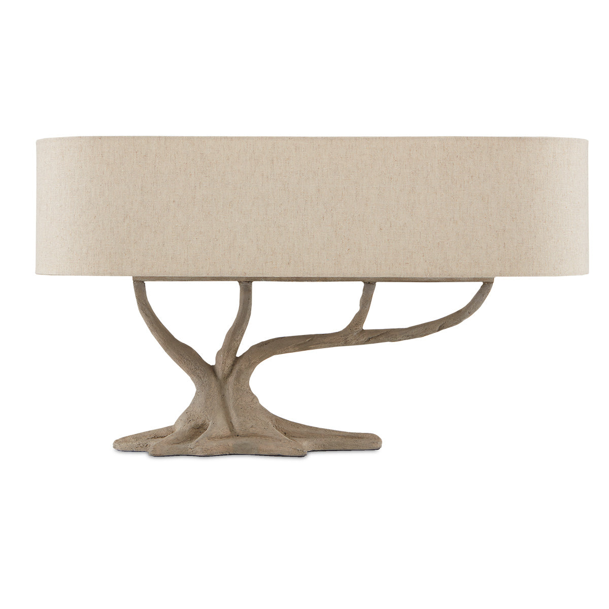 Cotswold – lampa stołowa bonsai z betonu i żelaza z lnianym abażurem