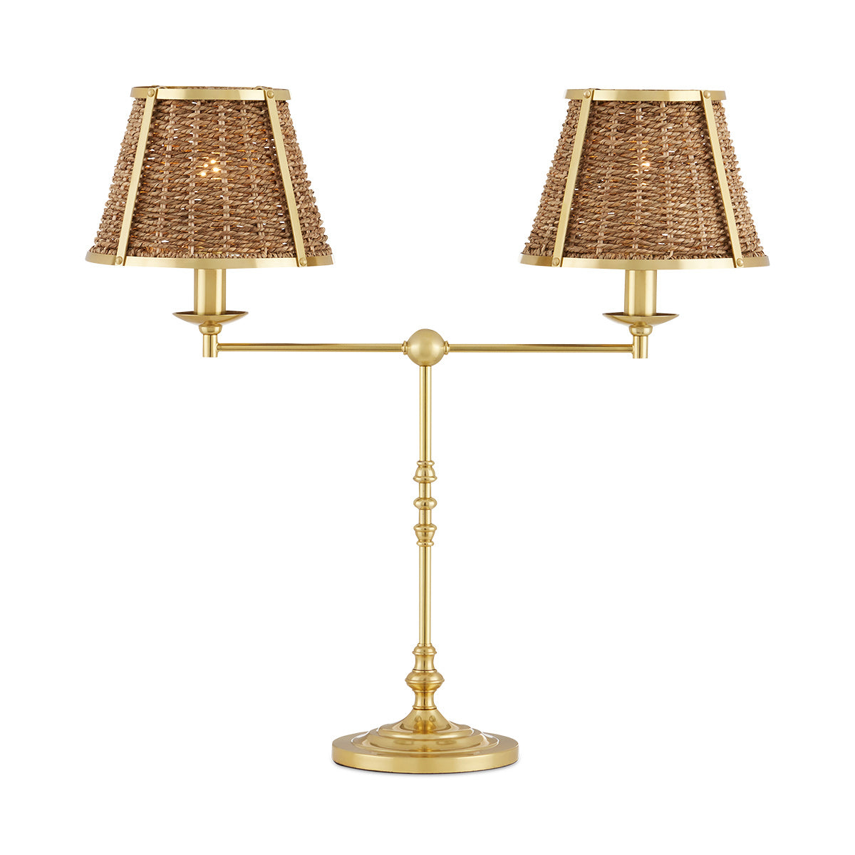 Deauville Twin – lampa stołowa z plecionymi abażurami z trawy morskiej, polerowany mosiądz