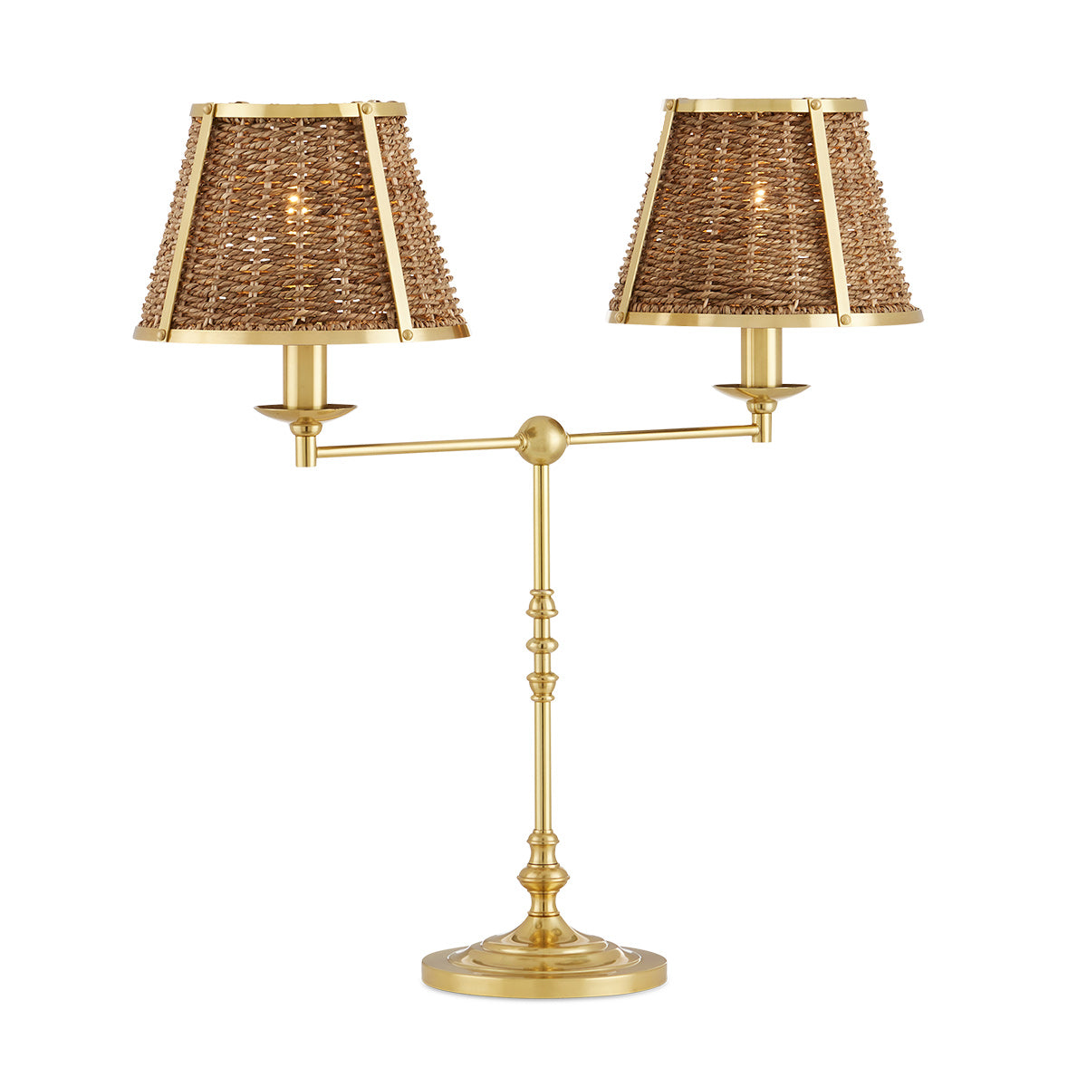 Deauville Twin – lampa stołowa z plecionymi abażurami z trawy morskiej, polerowany mosiądz