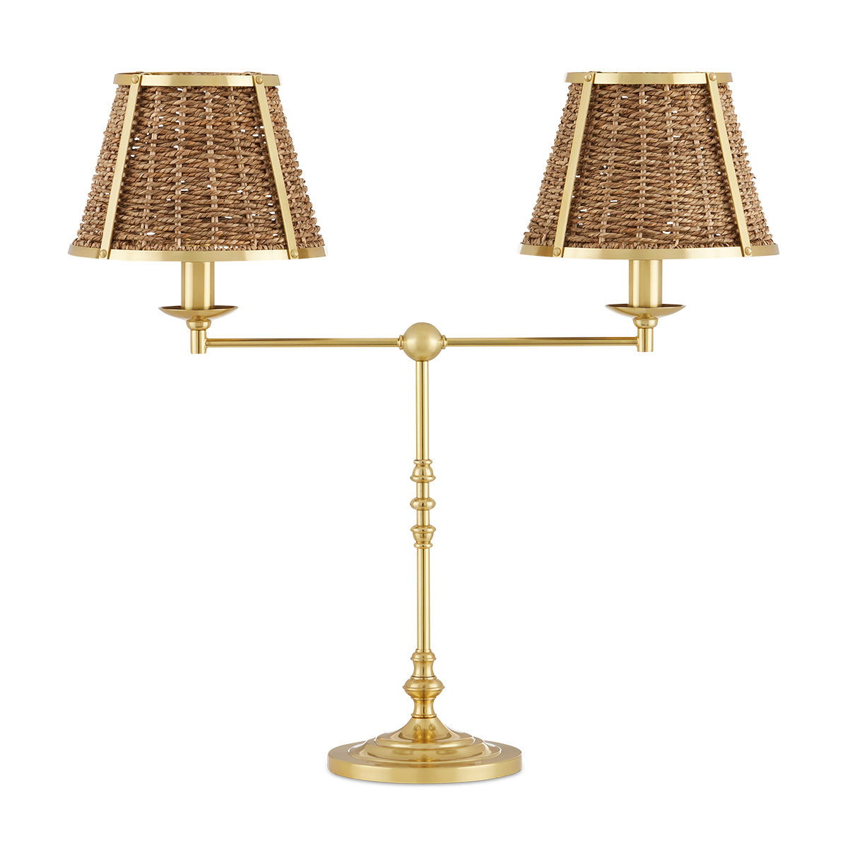 Deauville Twin – lampa stołowa z plecionymi abażurami z trawy morskiej, polerowany mosiądz