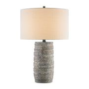 Innkeeper – ceramiczna lampa stołowa z krążków terakoty i lnianym abażurem