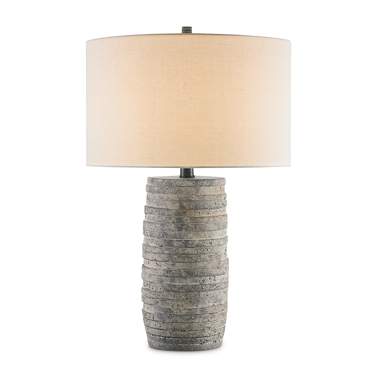 Innkeeper – ceramiczna lampa stołowa z krążków terakoty i lnianym abażurem